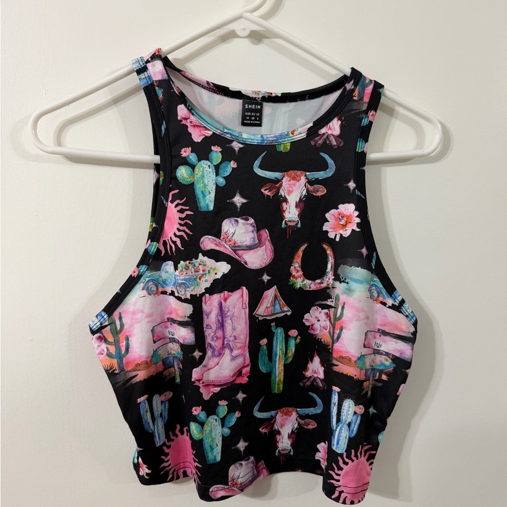 SHEIN Multicolor Western Graphic Crop Top